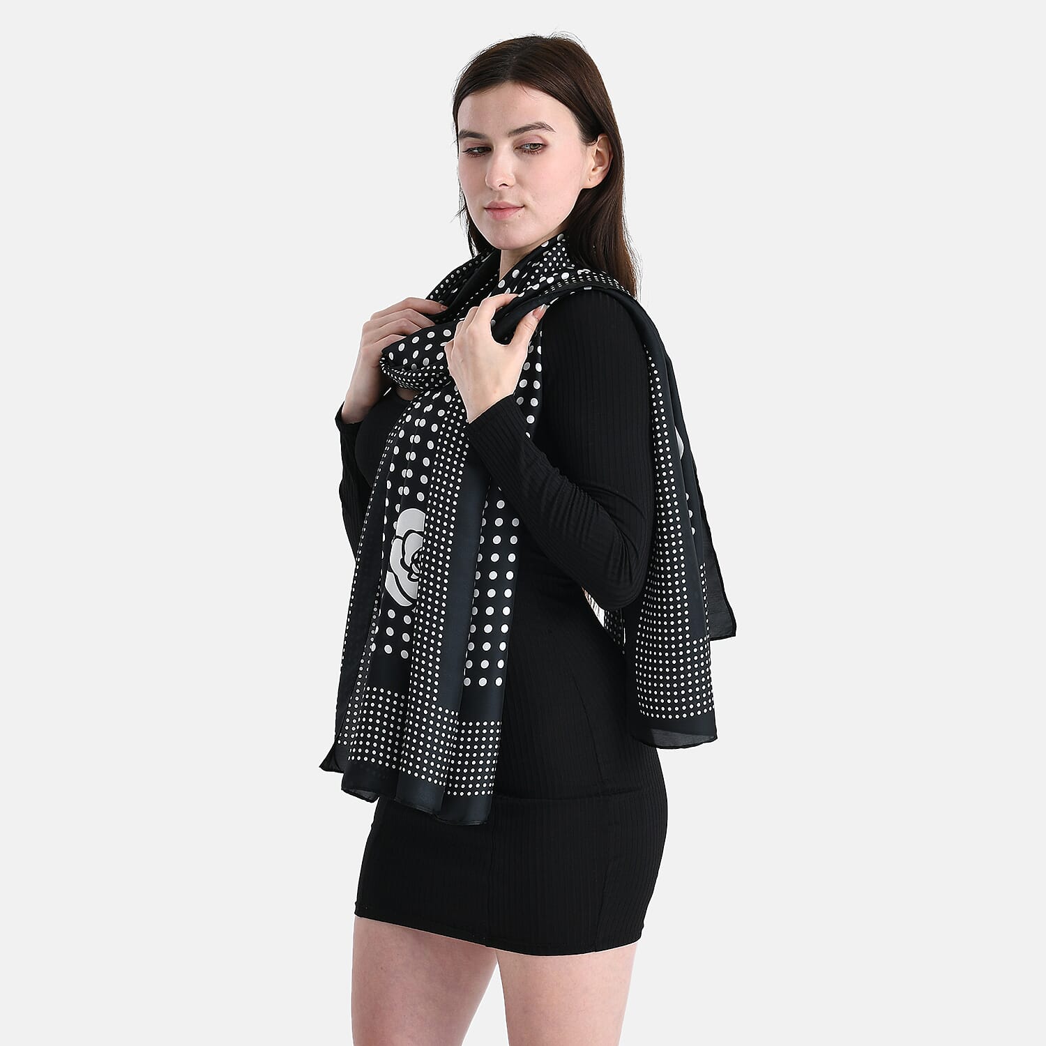 La Marey Satin Dots Print Scarf - Black & White