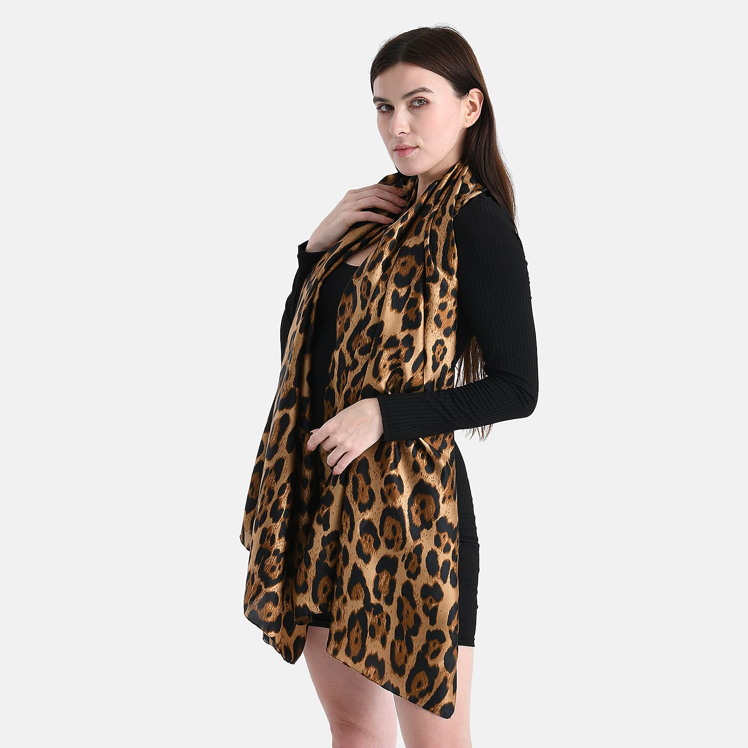 La Marey Satin Leopard Print Scarf - Brown
