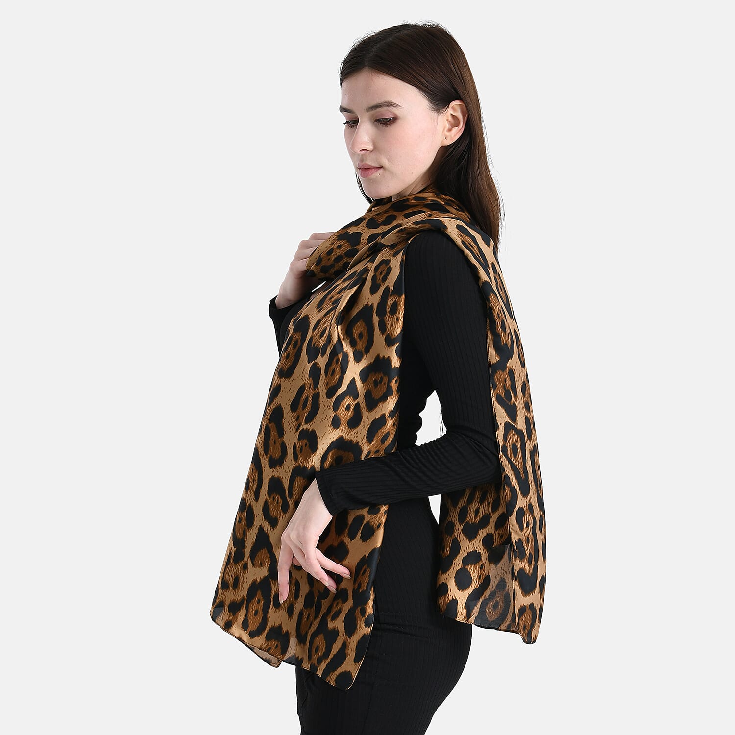 La Marey Satin Leopard Print Scarf - Brown