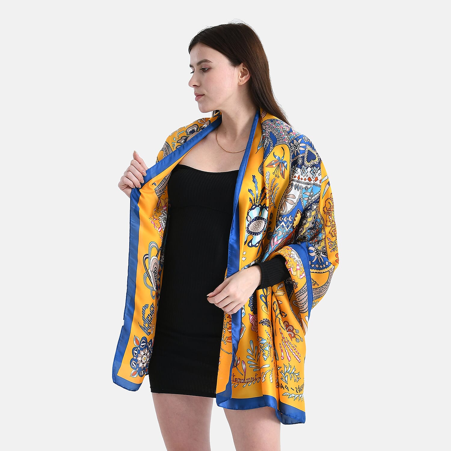 La Marey Satin Floral Printed Scarf - Yellow