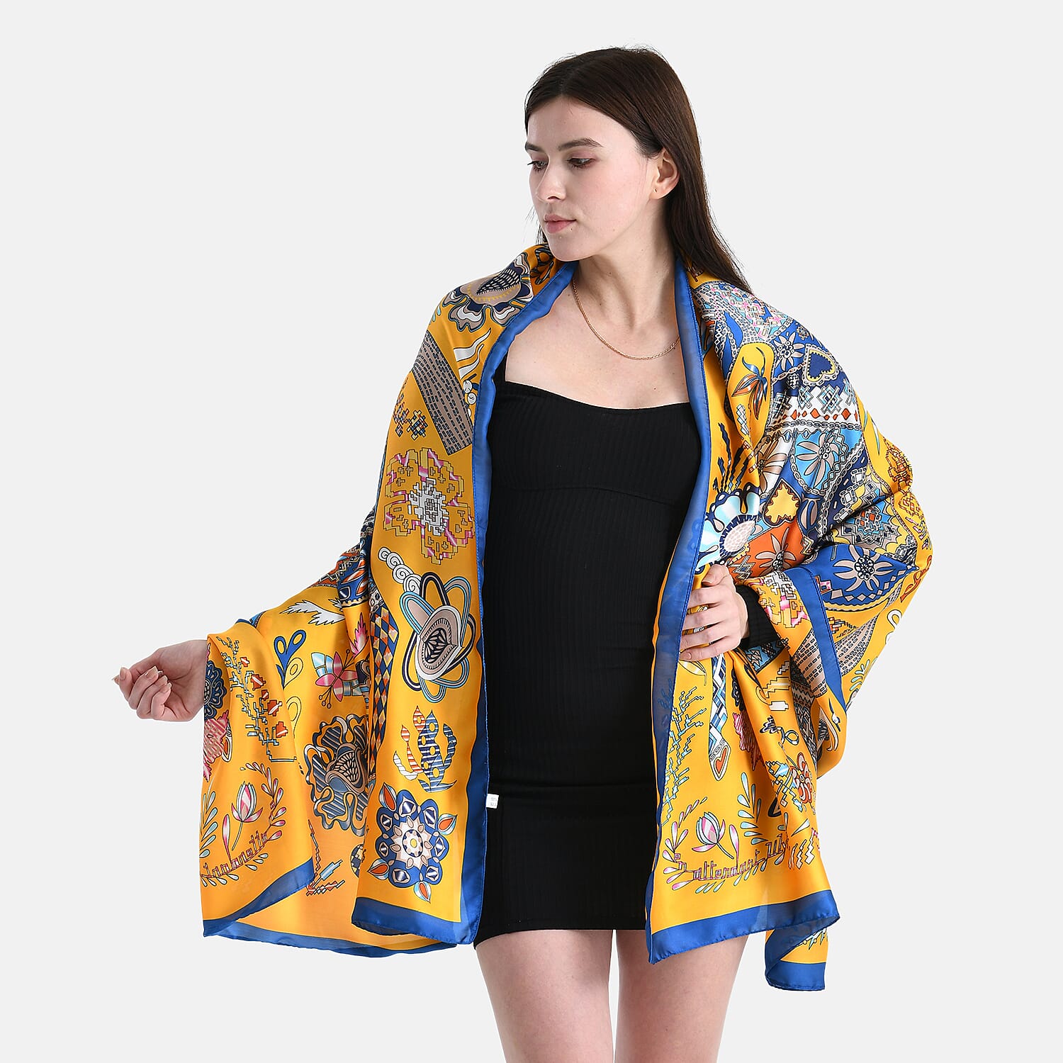 La Marey Satin Floral Printed Scarf - Yellow