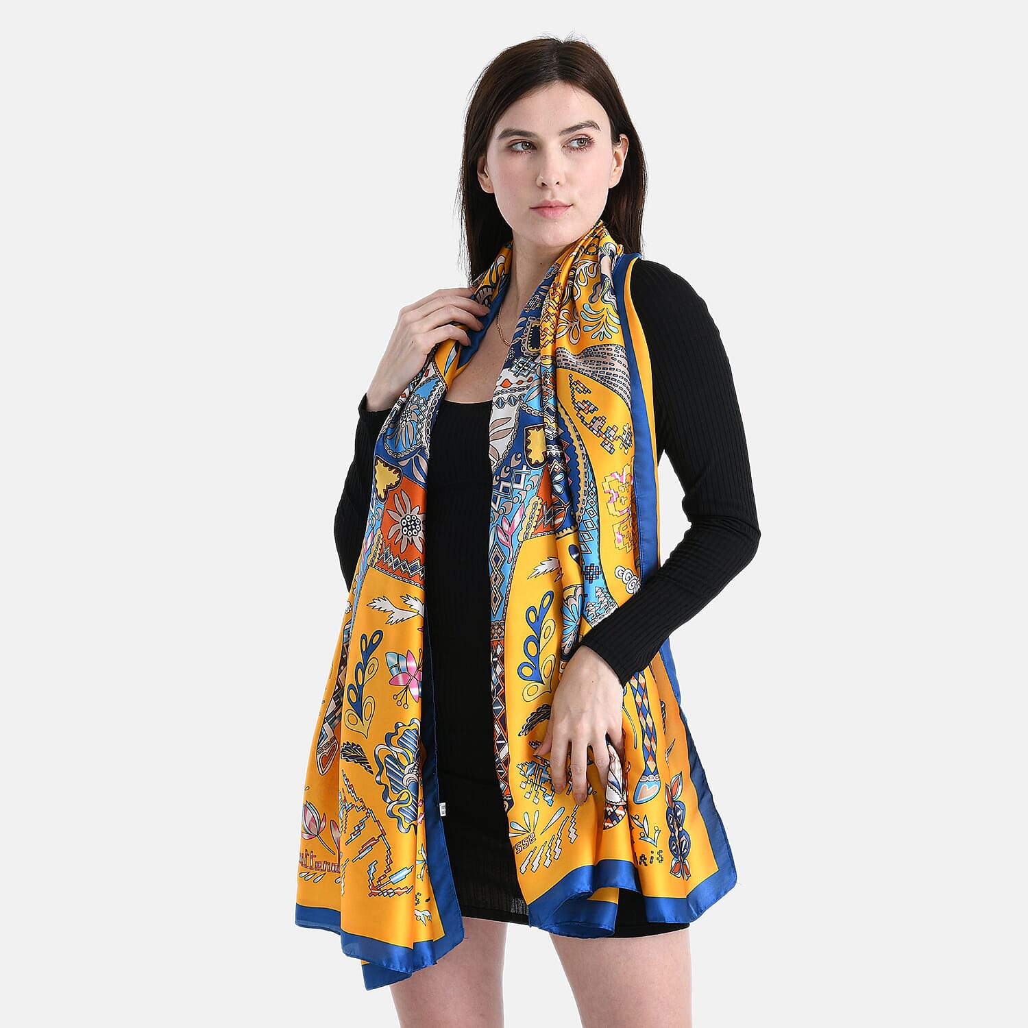 La Marey Satin Floral Printed Scarf - Yellow