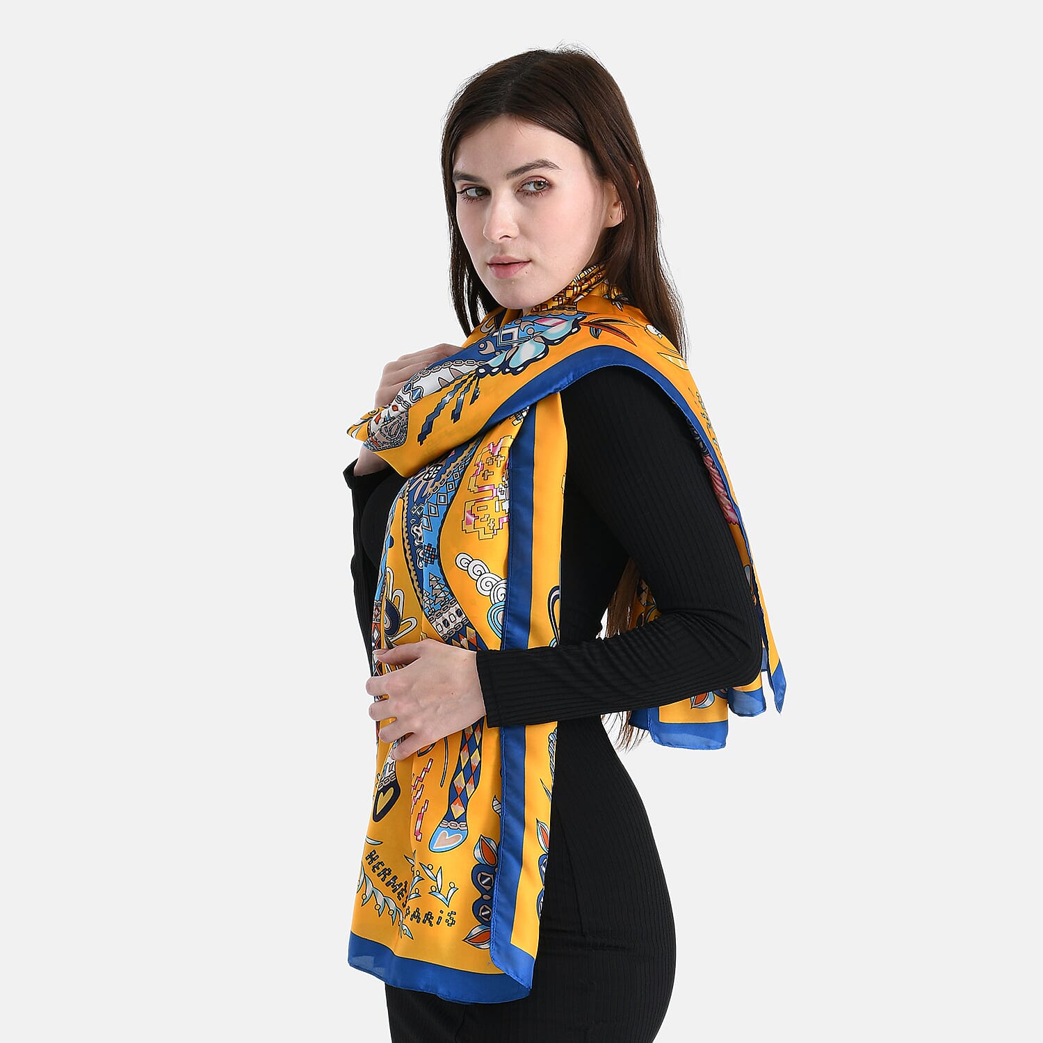 La Marey Satin Floral Printed Scarf - Yellow