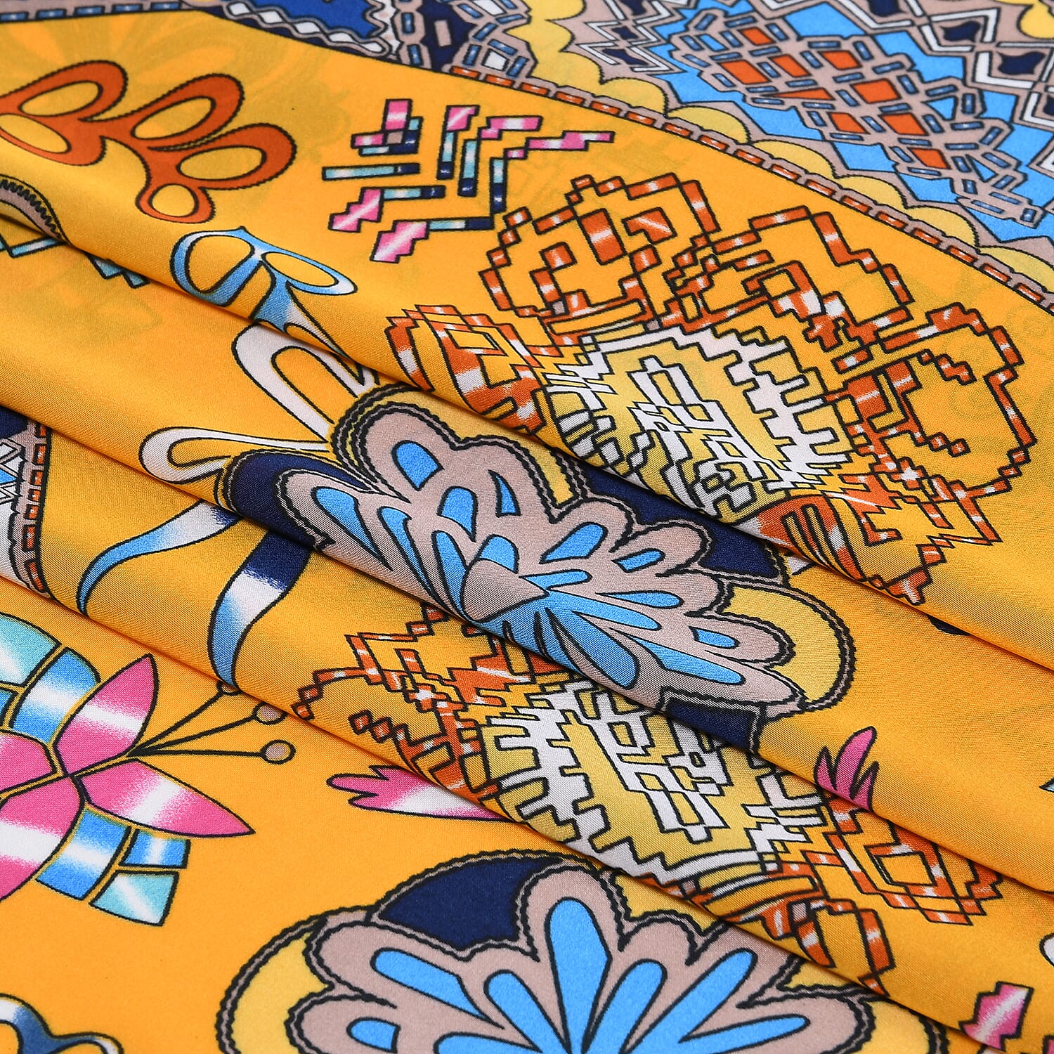 La Marey Satin Floral Printed Scarf - Yellow