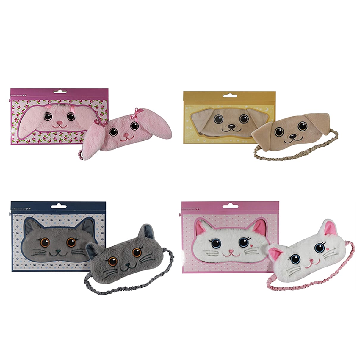 Set of 4 Animal Eye Masks - Golden Labrador, Kitty, Cat & Pink Bunny
