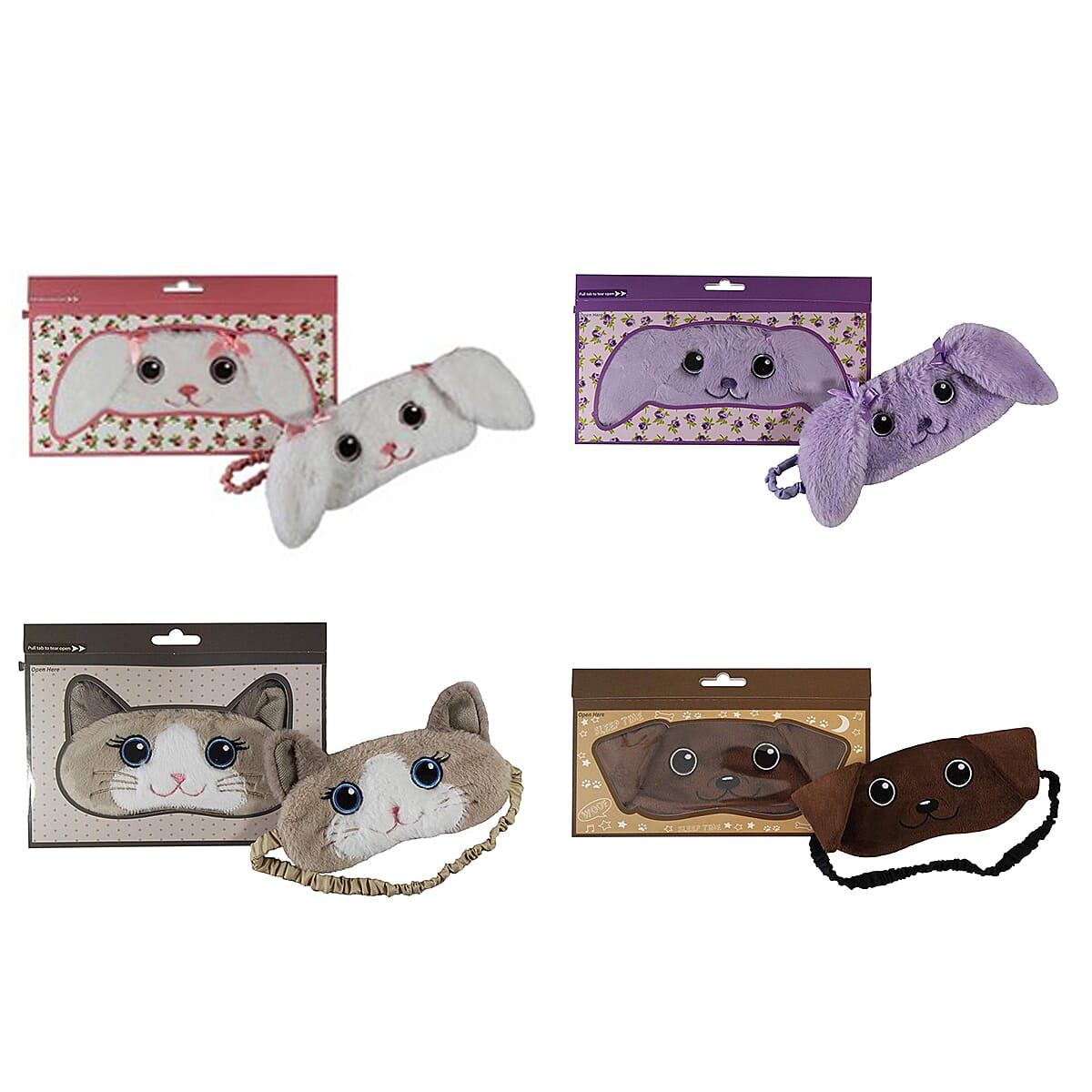 Set of 4 Animal Eye Masks - Brown Labrador, Ragdoll Cat, Snowdrop Bunny & Lavender Bunny