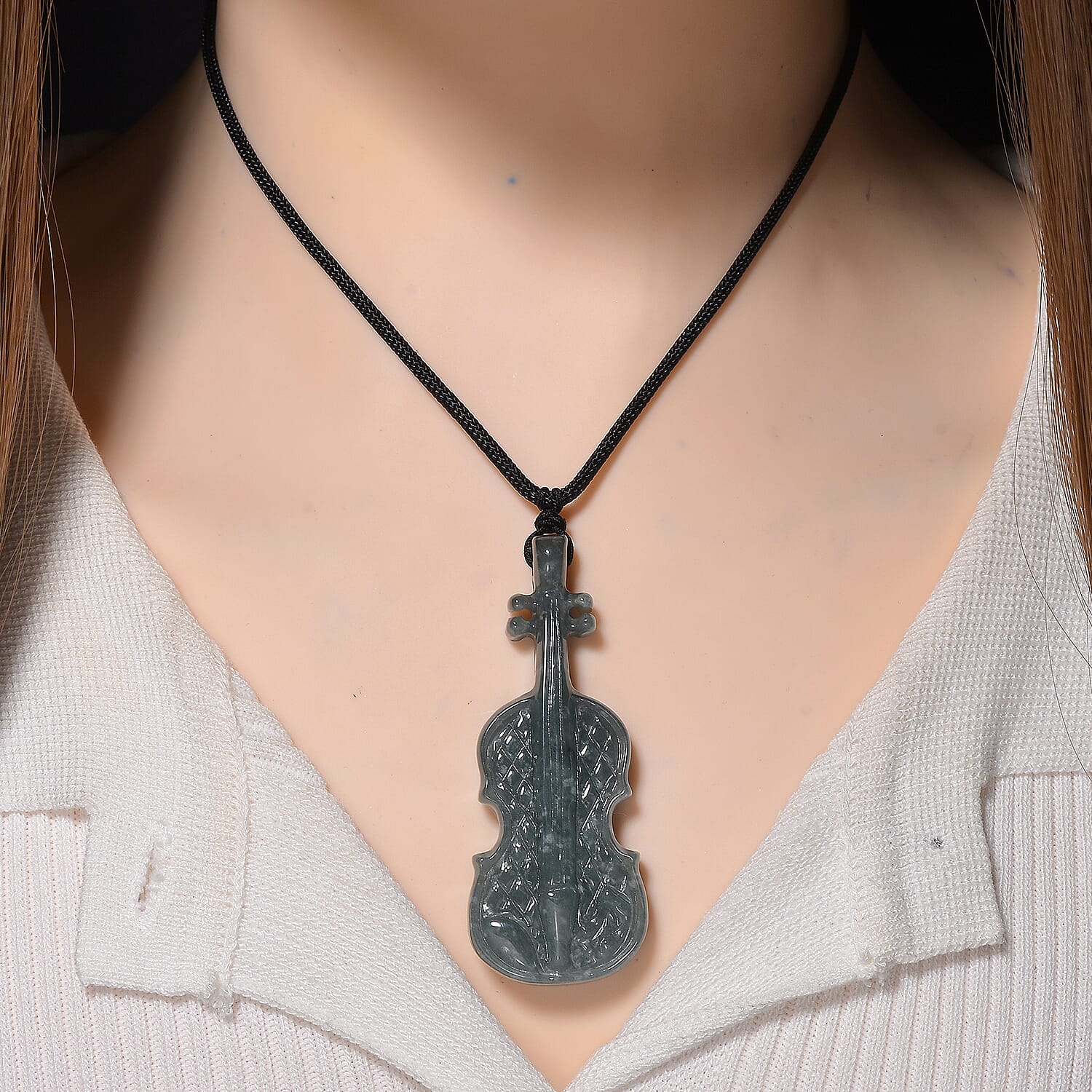 Natural Type A Jadeite Adjustable Violin Necklace with Black Cord (Size 30) 130.00 Ct.