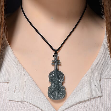 Natural Type A Jadeite Adjustable Violin Necklace with Black Cord (Size 30) 130.00 Ct.