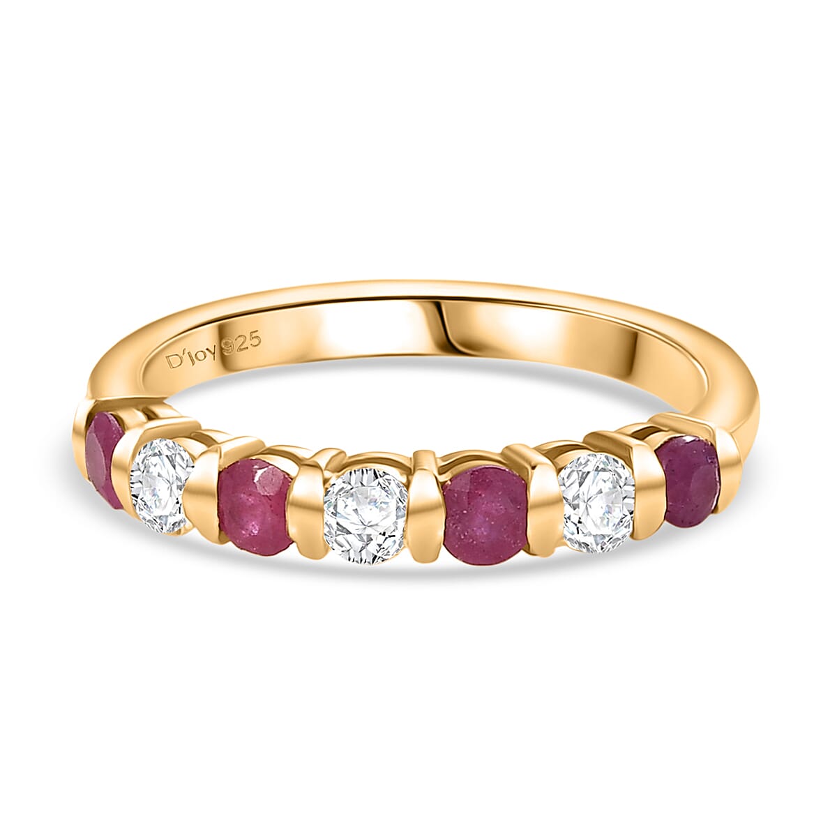 D'joy Ruby & Moissanite 7 Stone Ring in 14K Yellow Gold Plating Sterling Silver