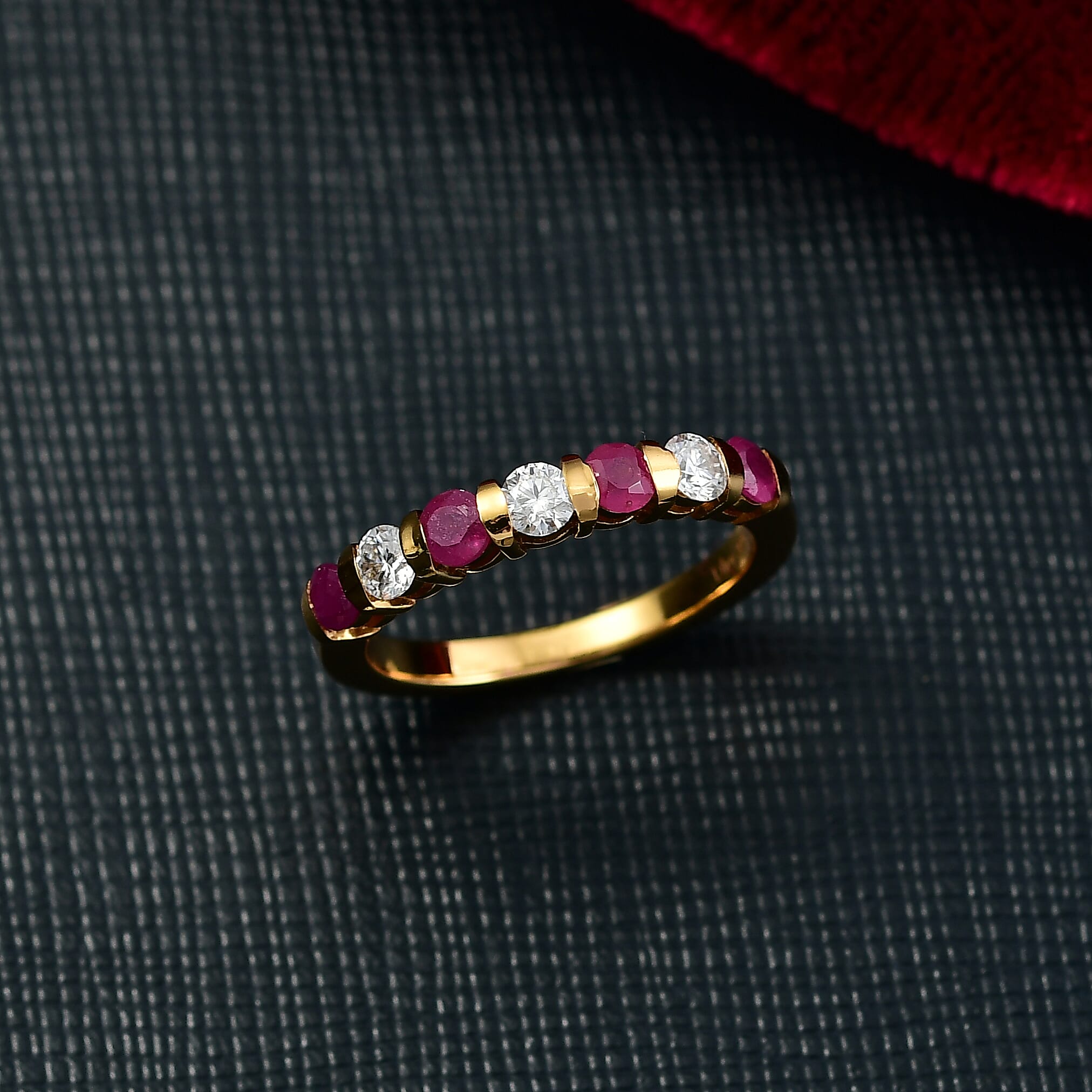 D'joy Ruby & Moissanite 7 Stone Ring in 14K Yellow Gold Plating Sterling Silver