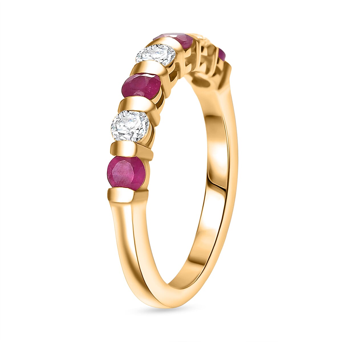 D'joy Ruby & Moissanite 7 Stone Ring in 14K Yellow Gold Plating Sterling Silver
