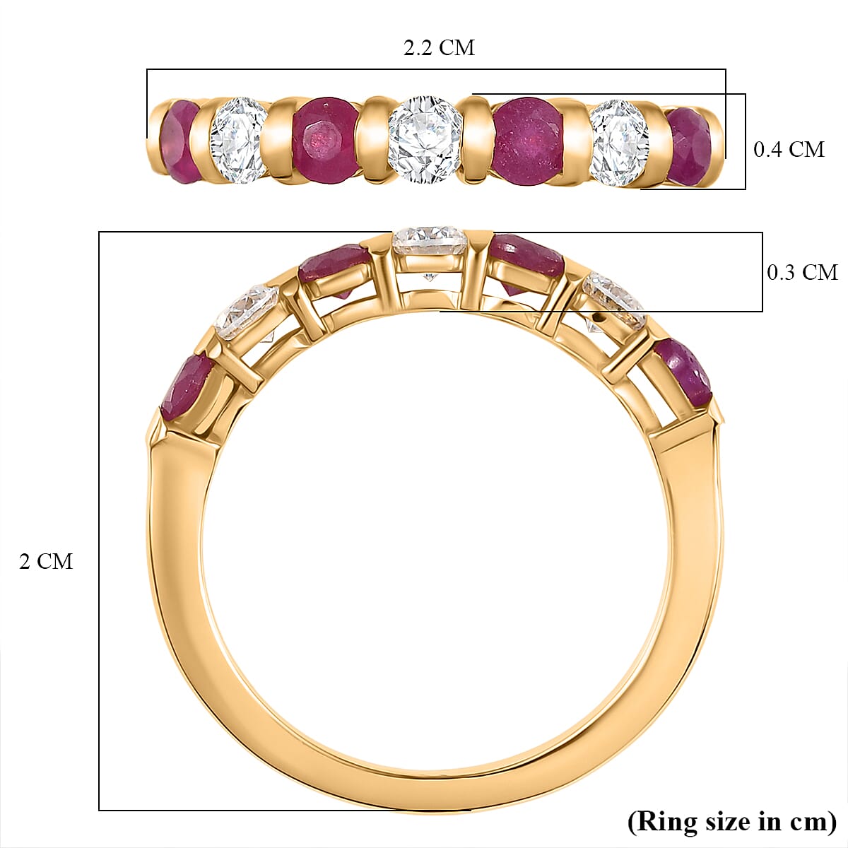 D'joy Ruby & Moissanite 7 Stone Ring in 14K Yellow Gold Plating Sterling Silver