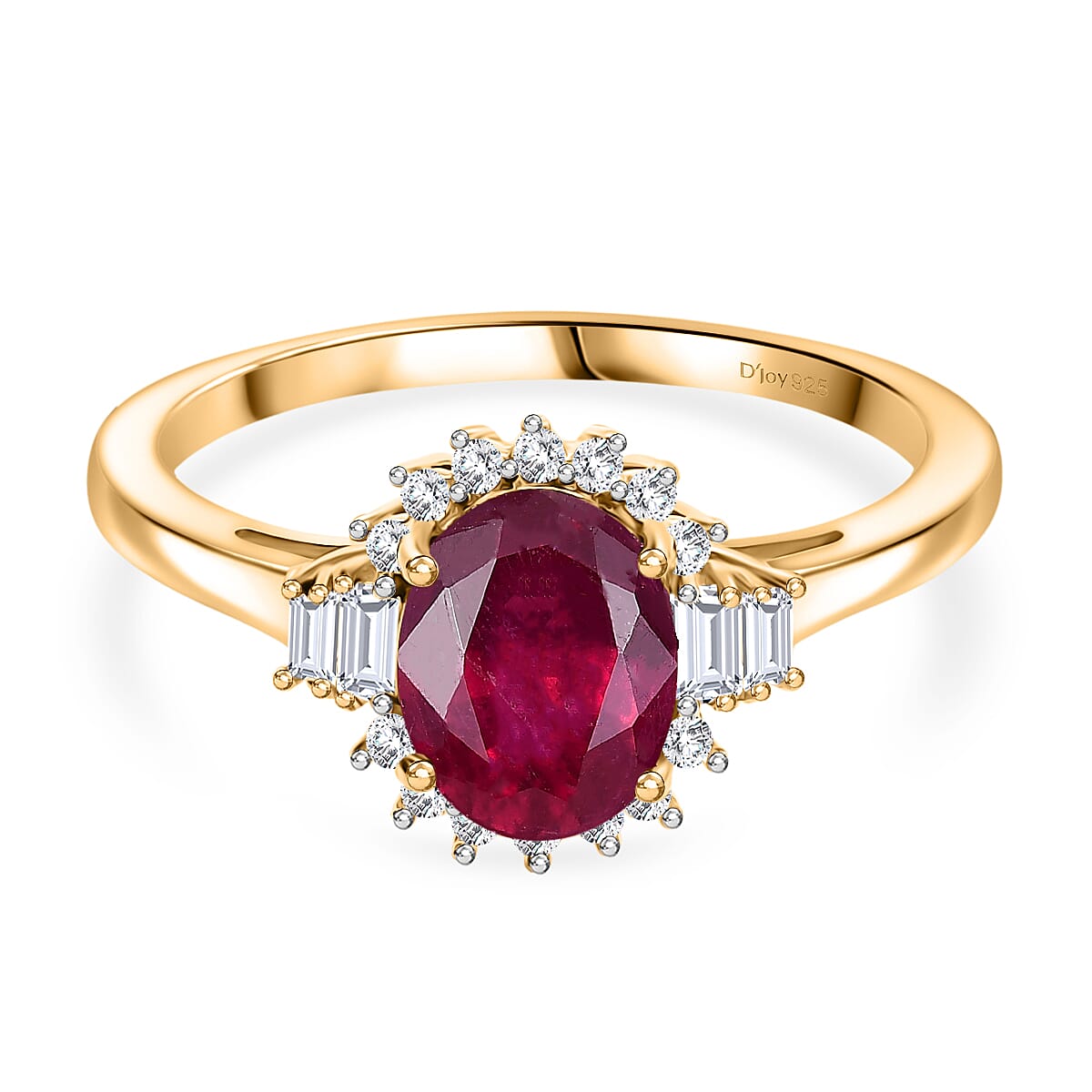 D'joy African Ruby, White Topaz & White Zircon Ring in 18K Yellow Gold Plating Sterling Silver 2.96 Ct.