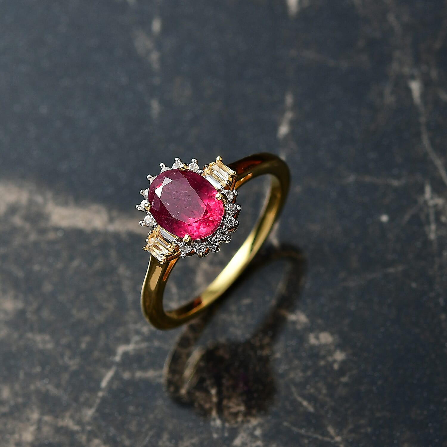 D'joy African Ruby, White Topaz & White Zircon Ring in 18K Yellow Gold Plating Sterling Silver 2.96 Ct.