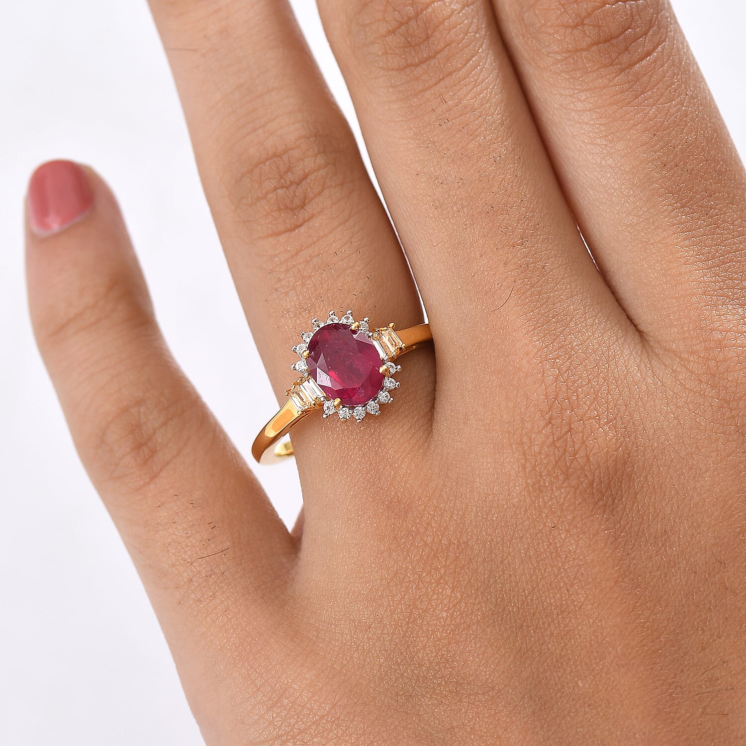 D'joy African Ruby, White Topaz & White Zircon Ring in 18K Yellow Gold Plating Sterling Silver 2.96 Ct.