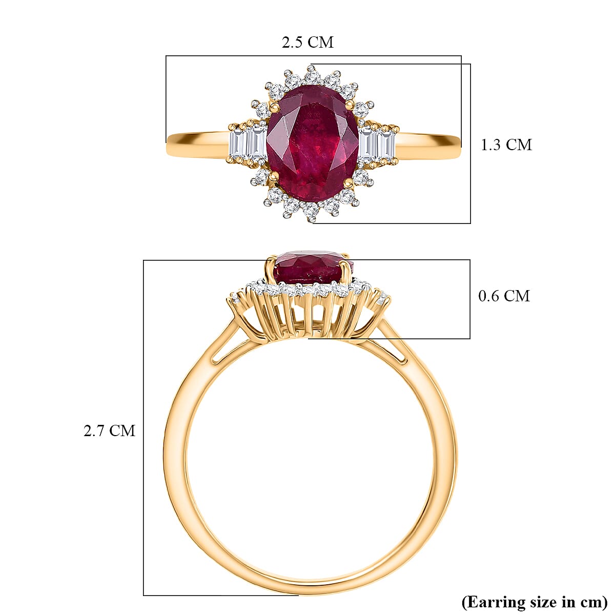 D'joy African Ruby, White Topaz & White Zircon Ring in 18K Yellow Gold Plating Sterling Silver 2.96 Ct.