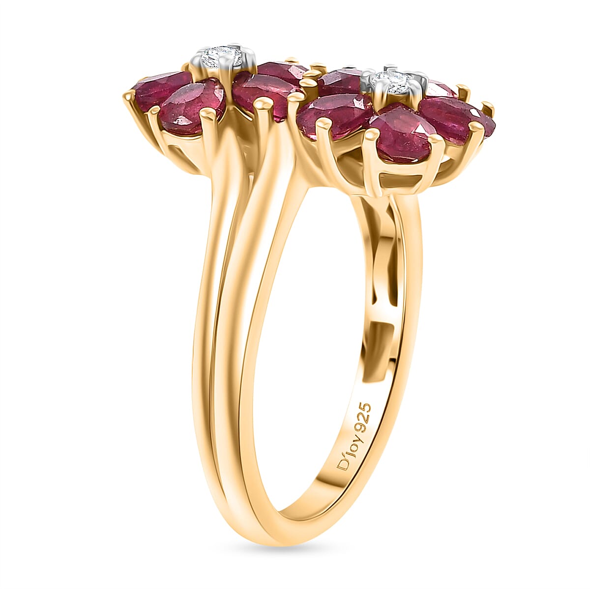 D'joy African Ruby & White Zircon Cluster Ring in 14K Yellow Gold Plating Sterling Silver 2.32 Ct.