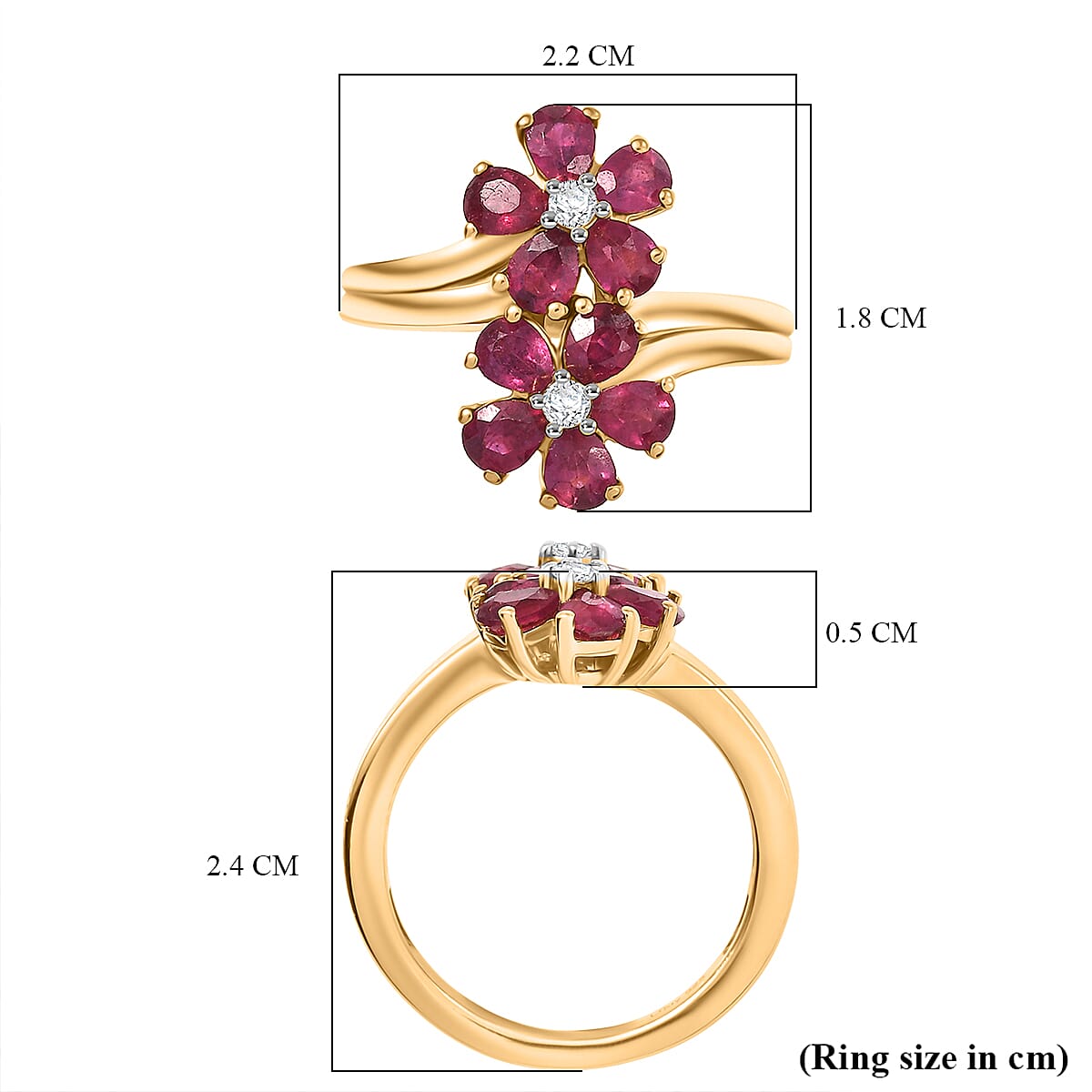 D'joy African Ruby & White Zircon Cluster Ring in 14K Yellow Gold Plating Sterling Silver 2.32 Ct.