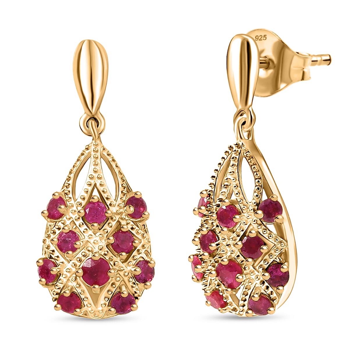 D'joy African Ruby Dangling Earring in 14K Yellow Gold Plating Sterling Silver 1.09 Ct.