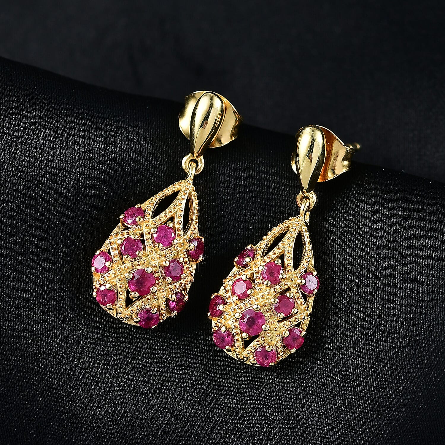 D'joy African Ruby Dangling Earring in 14K Yellow Gold Plating Sterling Silver 1.09 Ct.