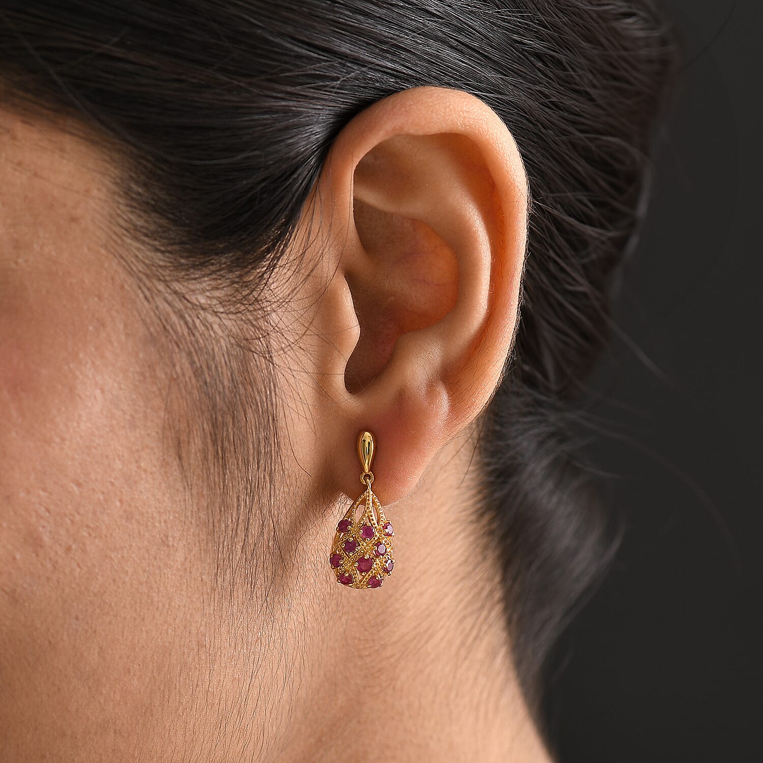 D'joy African Ruby Dangling Earring in 14K Yellow Gold Plating Sterling Silver 1.09 Ct.