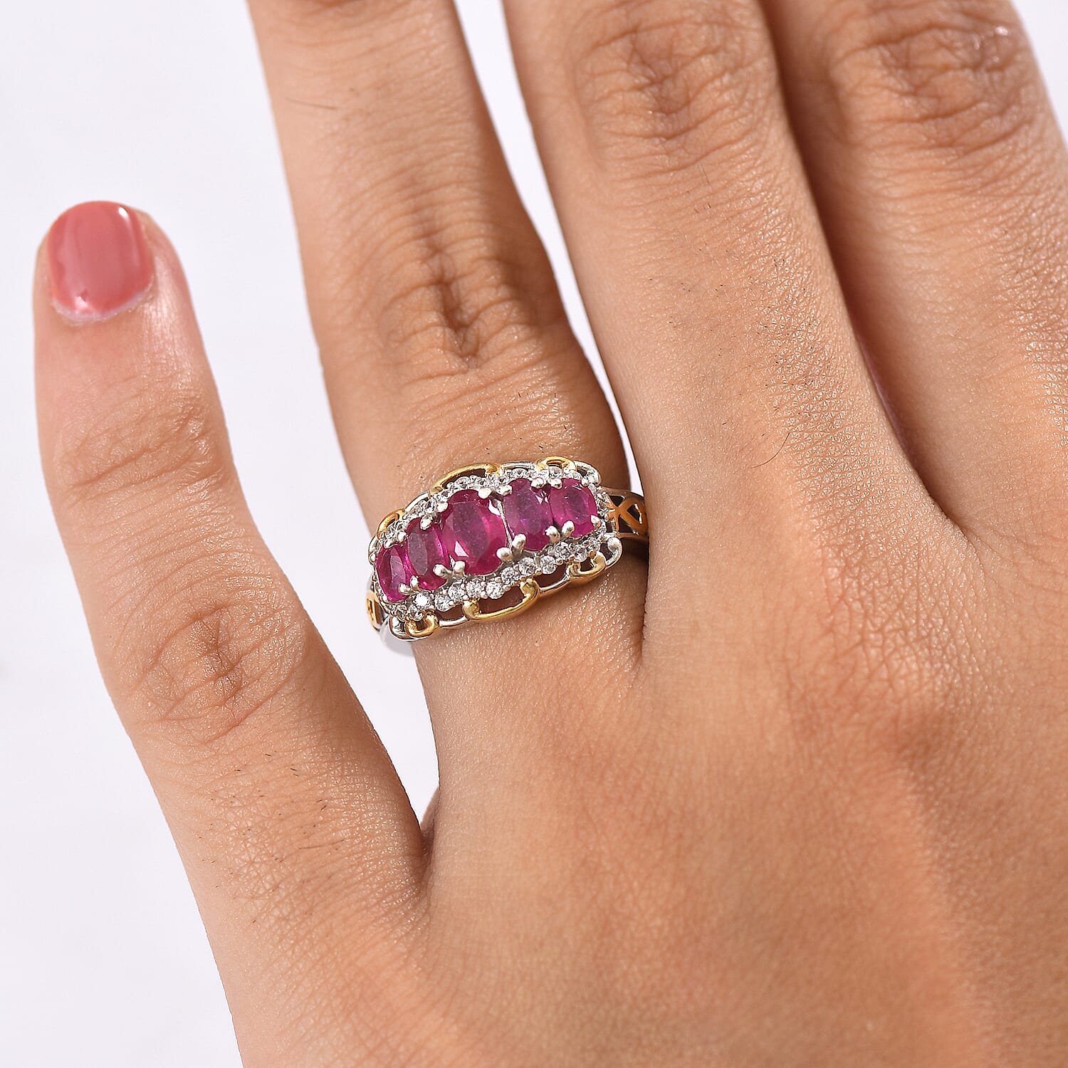 D'Joy African Ruby, White Zircon 5 Stone Ring Sterling Silver 2.23 Ct.