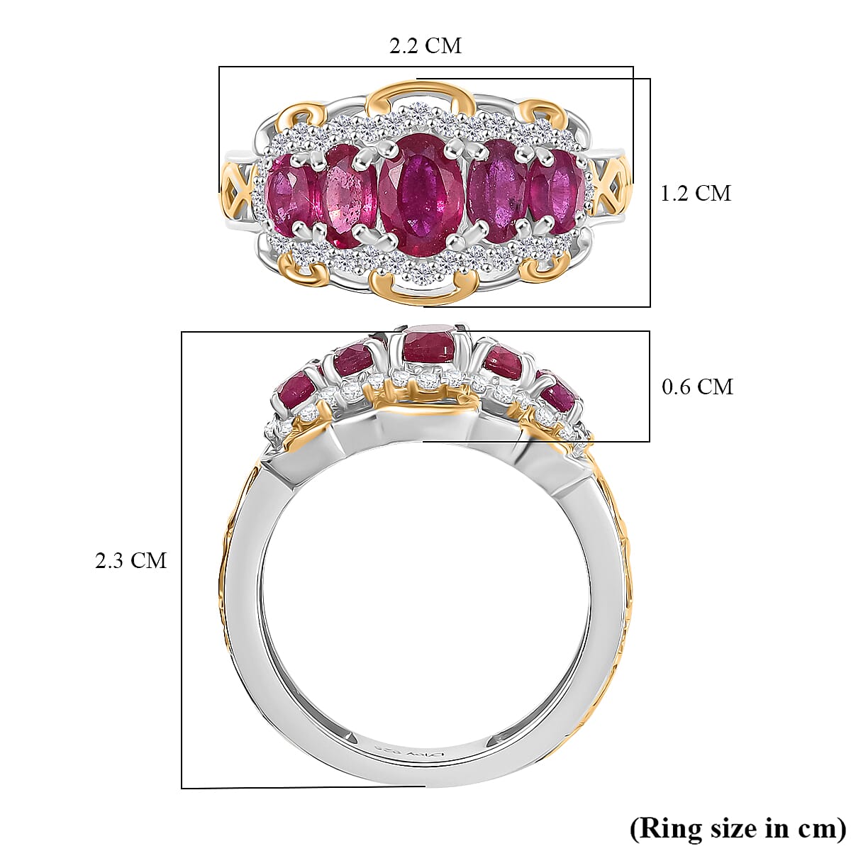 D'Joy African Ruby, White Zircon 5 Stone Ring Sterling Silver 2.23 Ct.