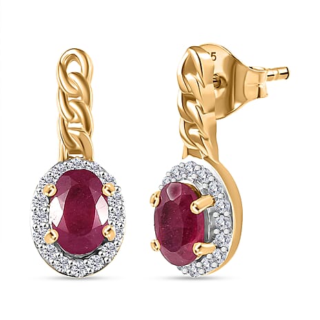 D'Joy African Ruby, White Zircon Solitaire Stud Push Post Earring in 18K YG PlatingSterling Silver  1.662  Ct.