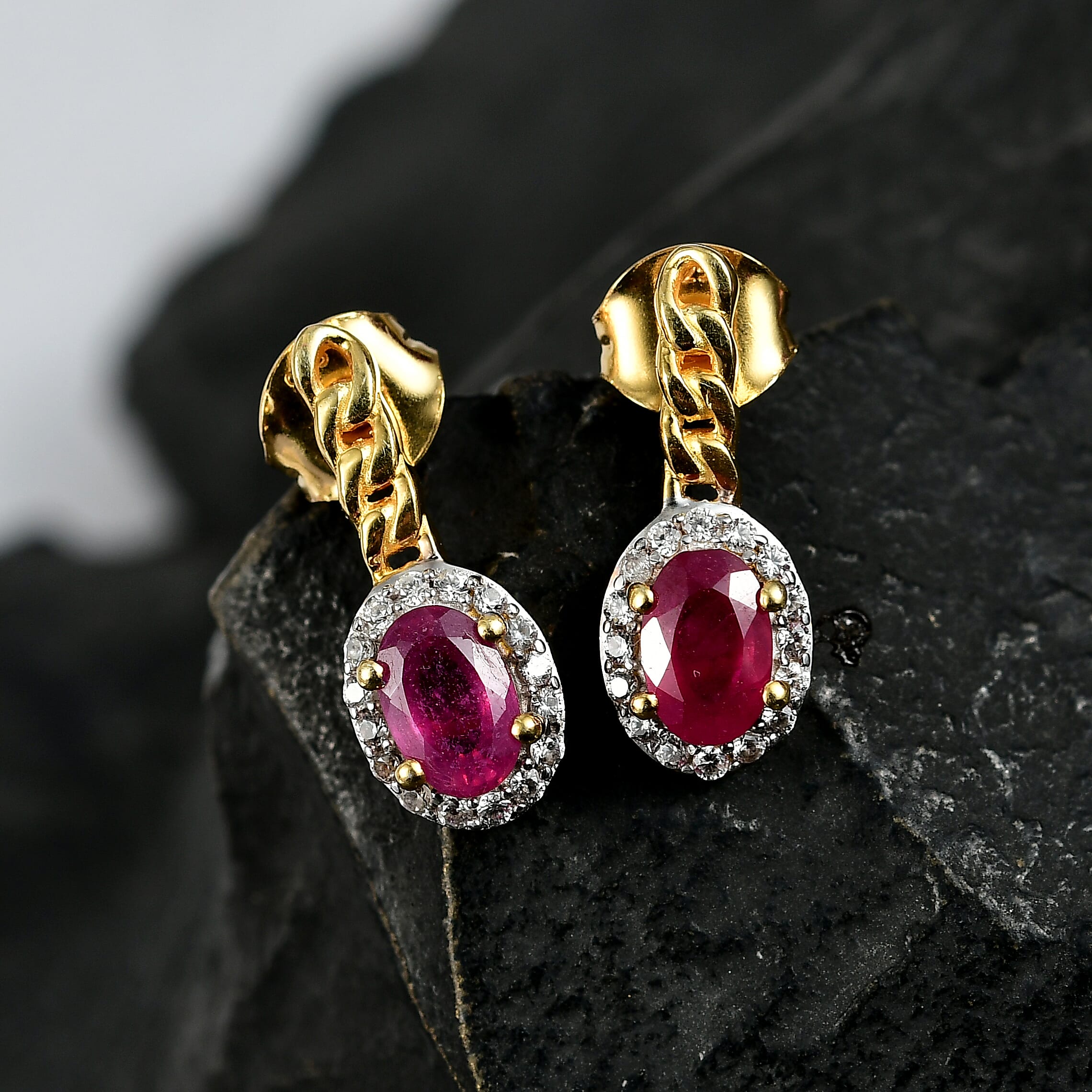 D'Joy African Ruby & White Zircon Stud Push Post Earring in 18K Yellow Gold Plated Sterling Silver 1.66 Ct.