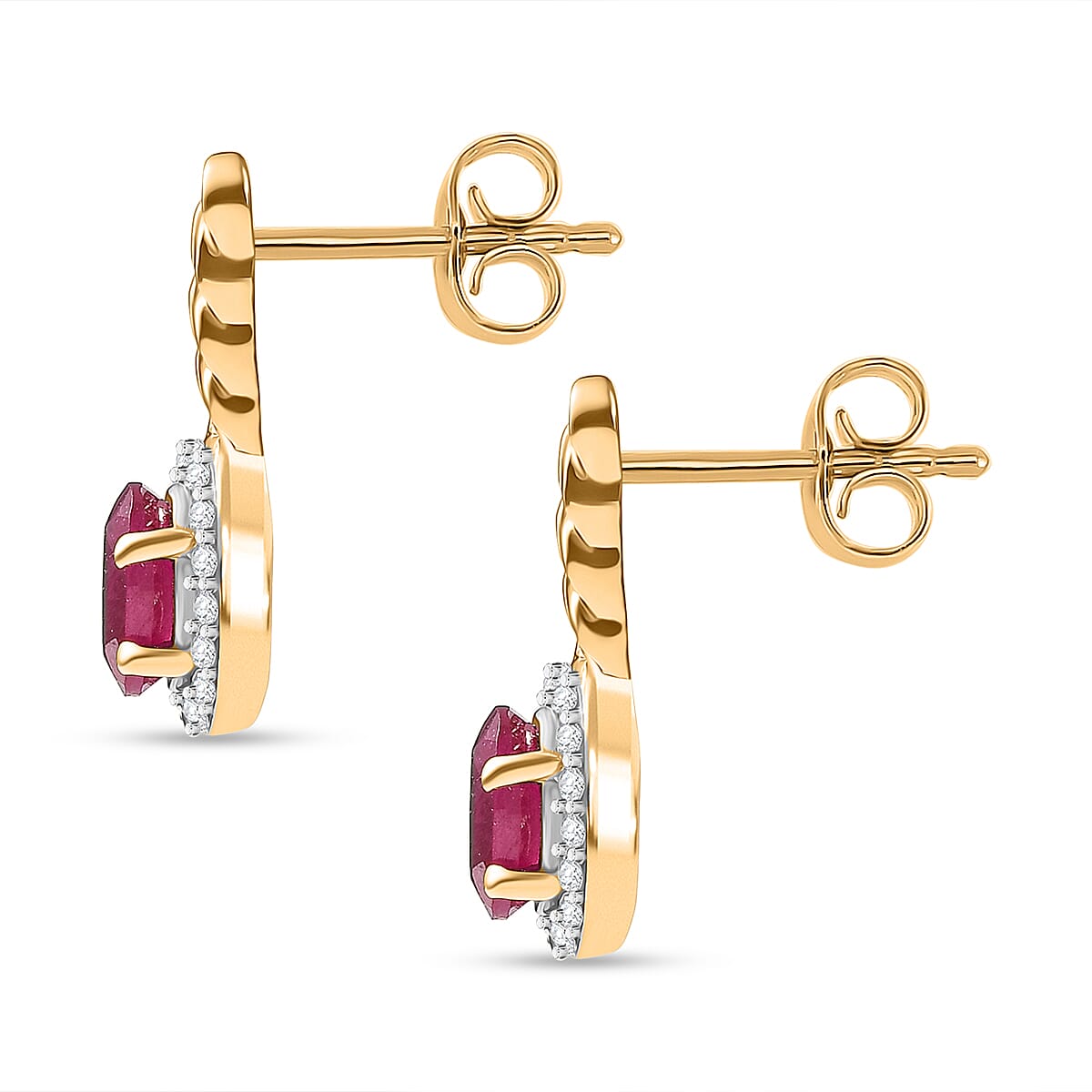 D'Joy African Ruby & White Zircon Stud Push Post Earring in 18K Yellow Gold Plated Sterling Silver 1.66 Ct.