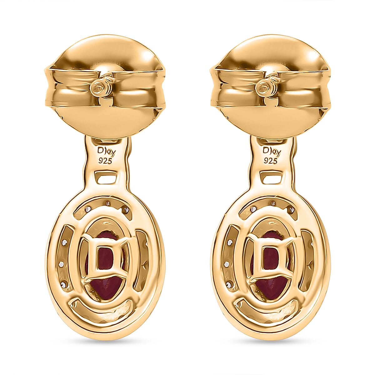 D'Joy African Ruby & White Zircon Stud Push Post Earring in 18K Yellow Gold Plated Sterling Silver 1.66 Ct.