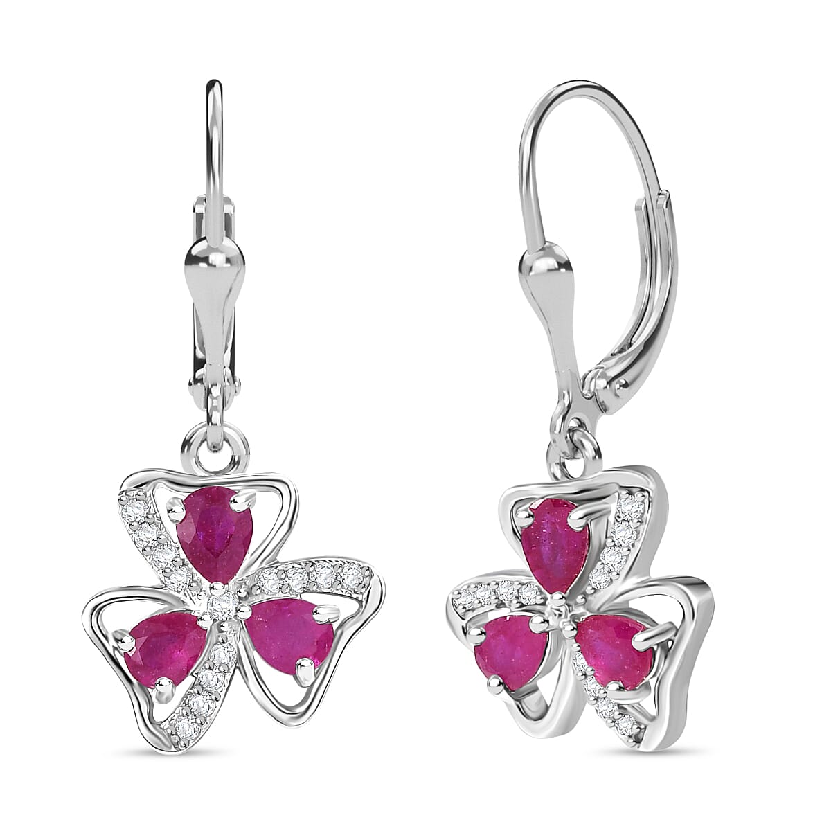 D'Joy African Ruby & White Zircon Cluster Earring in Platinum Overlay Sterling Silver 1.54 Ct.