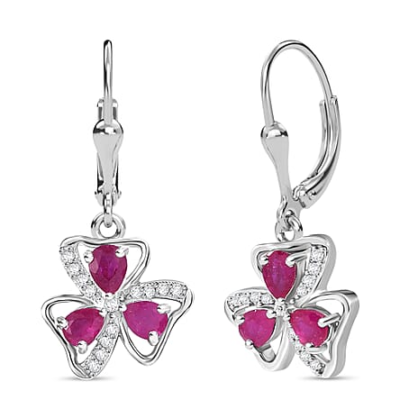 D'Joy African Ruby & White Zircon Cluster Earring in Platinum Overlay Sterling Silver 1.54 Ct.