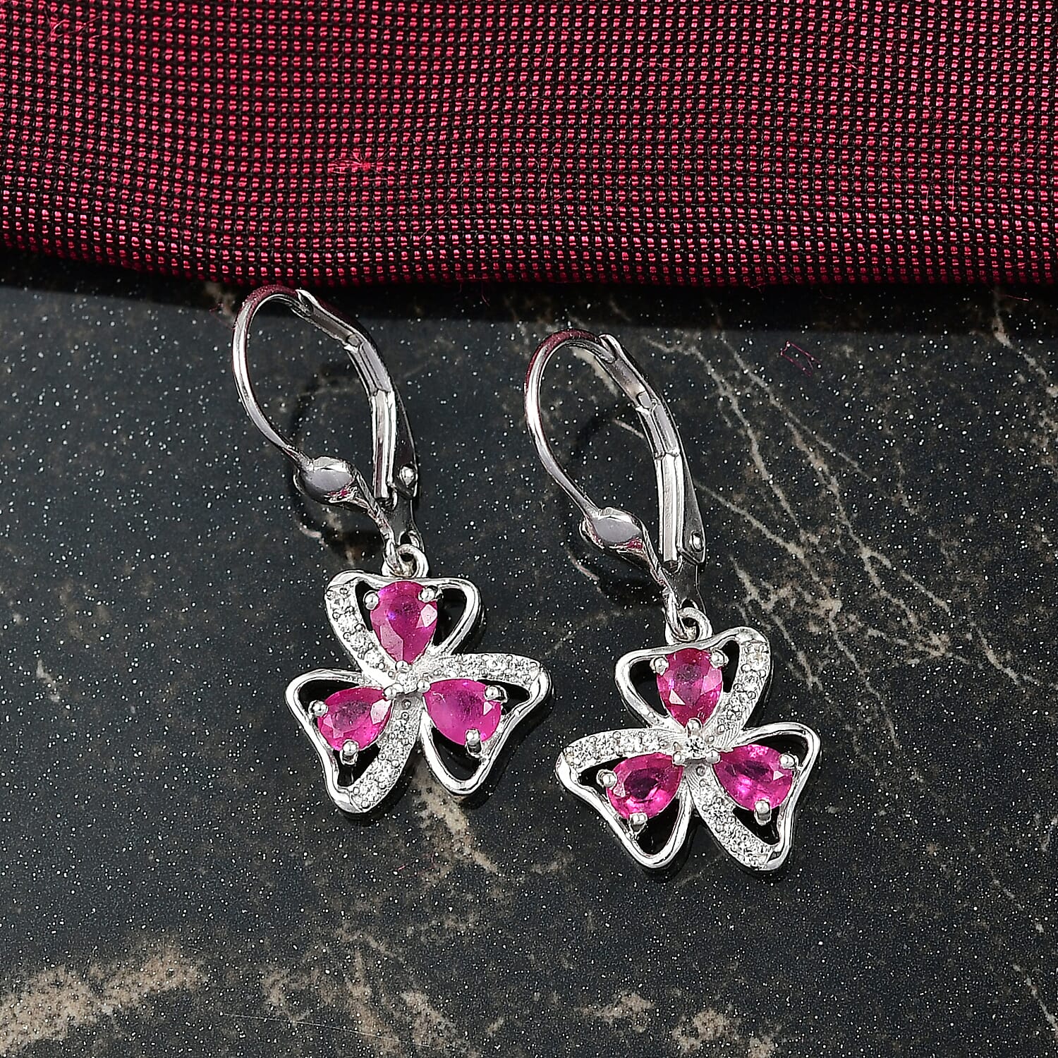 D'Joy African Ruby & White Zircon Cluster Earring in Platinum Overlay Sterling Silver 1.54 Ct.