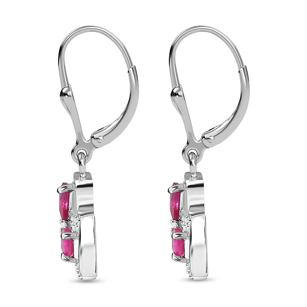 D'Joy African Ruby & White Zircon Cluster Earring in Platinum Overlay Sterling Silver 1.54 Ct.