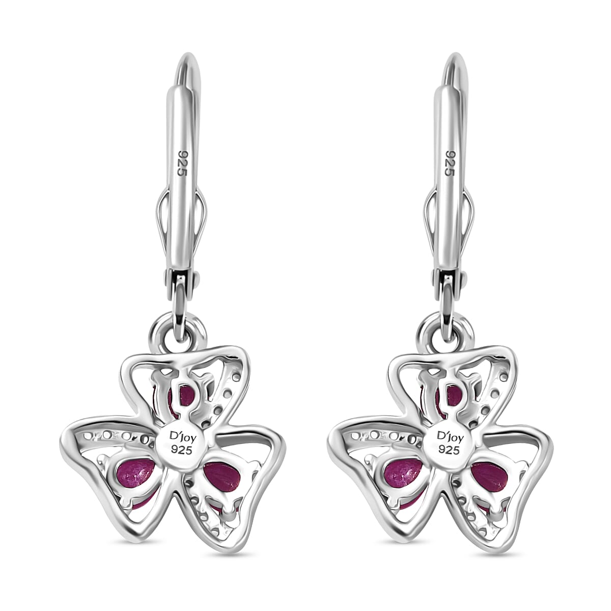 D'Joy African Ruby & White Zircon Cluster Earring in Platinum Overlay Sterling Silver 1.54 Ct.