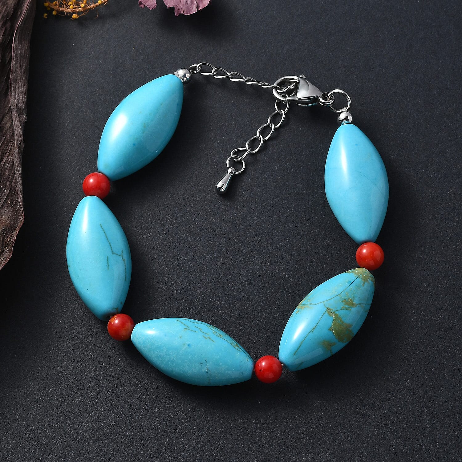 EverTrue - Dyed Blue Magnesite & Coral Bracelet (Size - 7.5-2 Ext) 145.00 Ct.