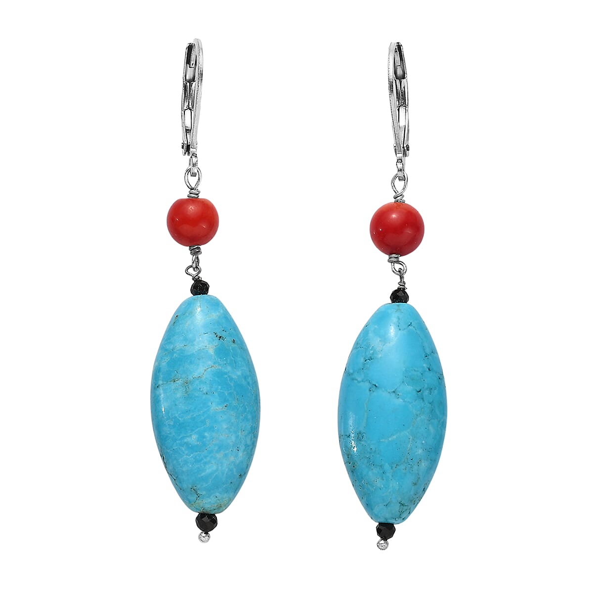 EverTrue Dyed Blue Magnesite, Coral & Black Spinel Beaded Drop Earring with Lever Back 60.00 Ct.