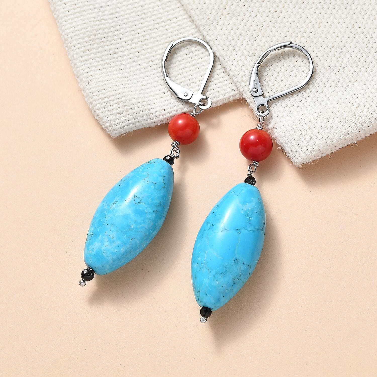 EverTrue Dyed Blue Magnesite, Coral & Black Spinel Beaded Drop Earring with Lever Back 60.00 Ct.