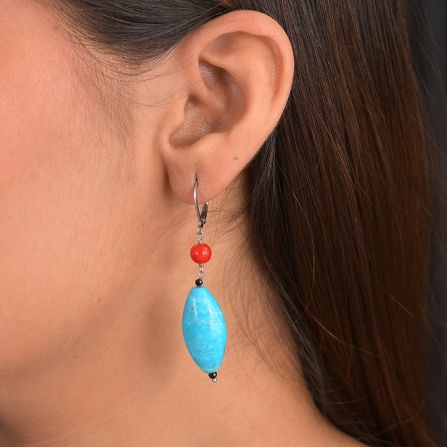 EverTrue Dyed Blue Magnesite, Coral & Black Spinel Beaded Drop Earring with Lever Back 60.00 Ct.