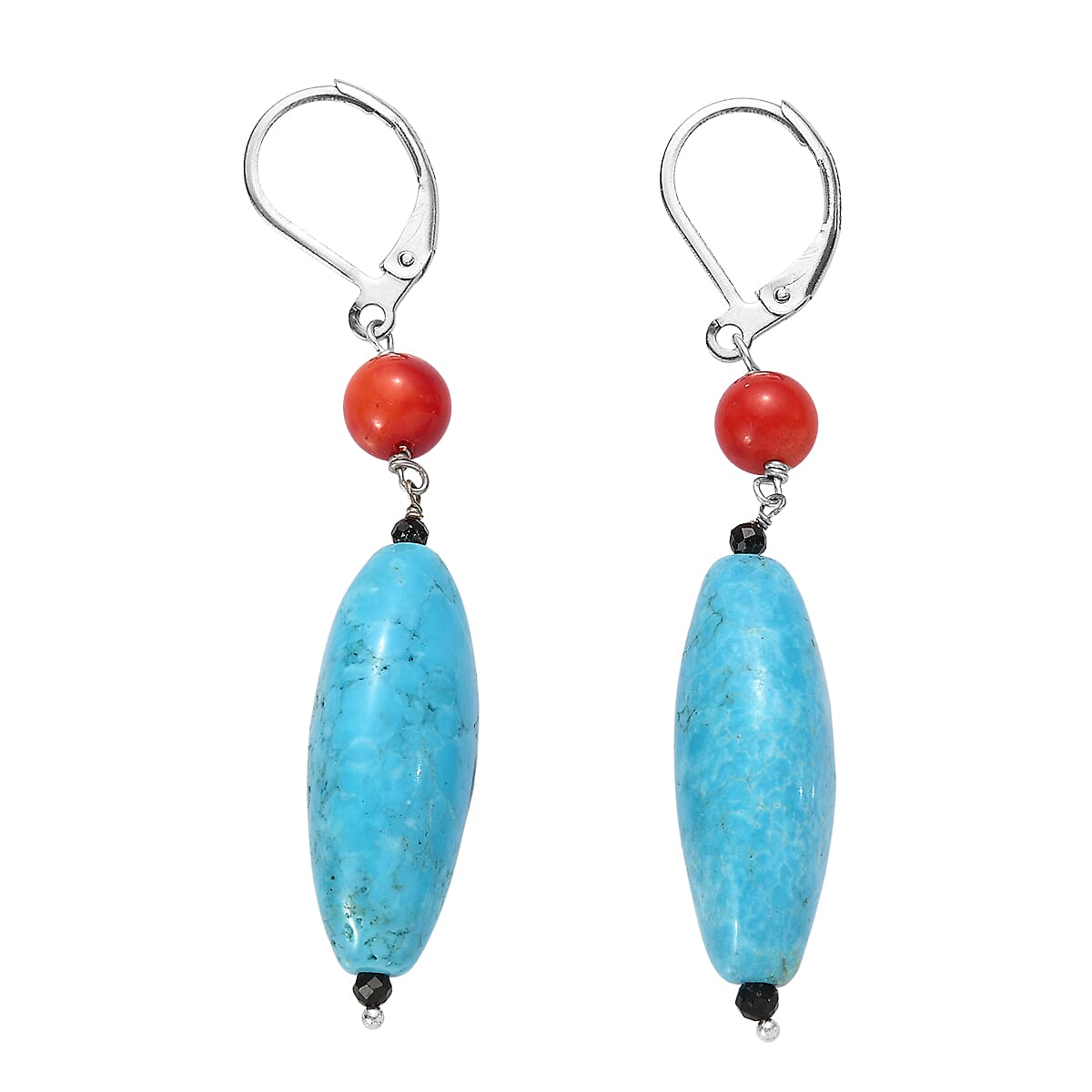 EverTrue Dyed Blue Magnesite, Coral & Black Spinel Beaded Drop Earring with Lever Back 60.00 Ct.
