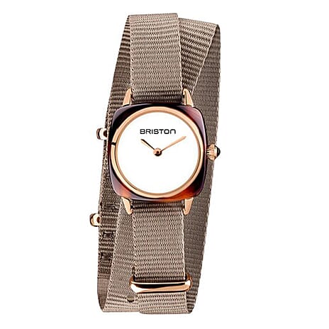 Briston Clubmaster Quartz Movt. 5ATM WR White Dial Rose Case Ladies Watch with Taupe Nylon Strap