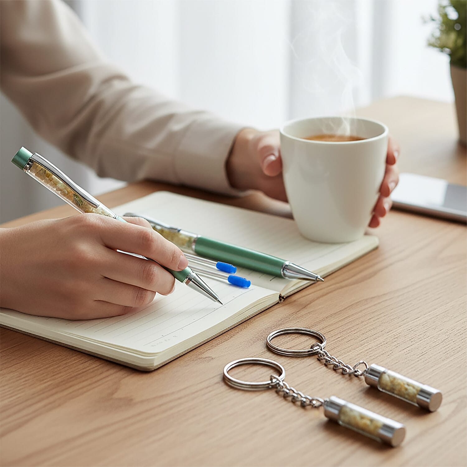 LIVMORE Larimar Gemstone Pen Set with 2 Keychains & 2 Refills  - Blue