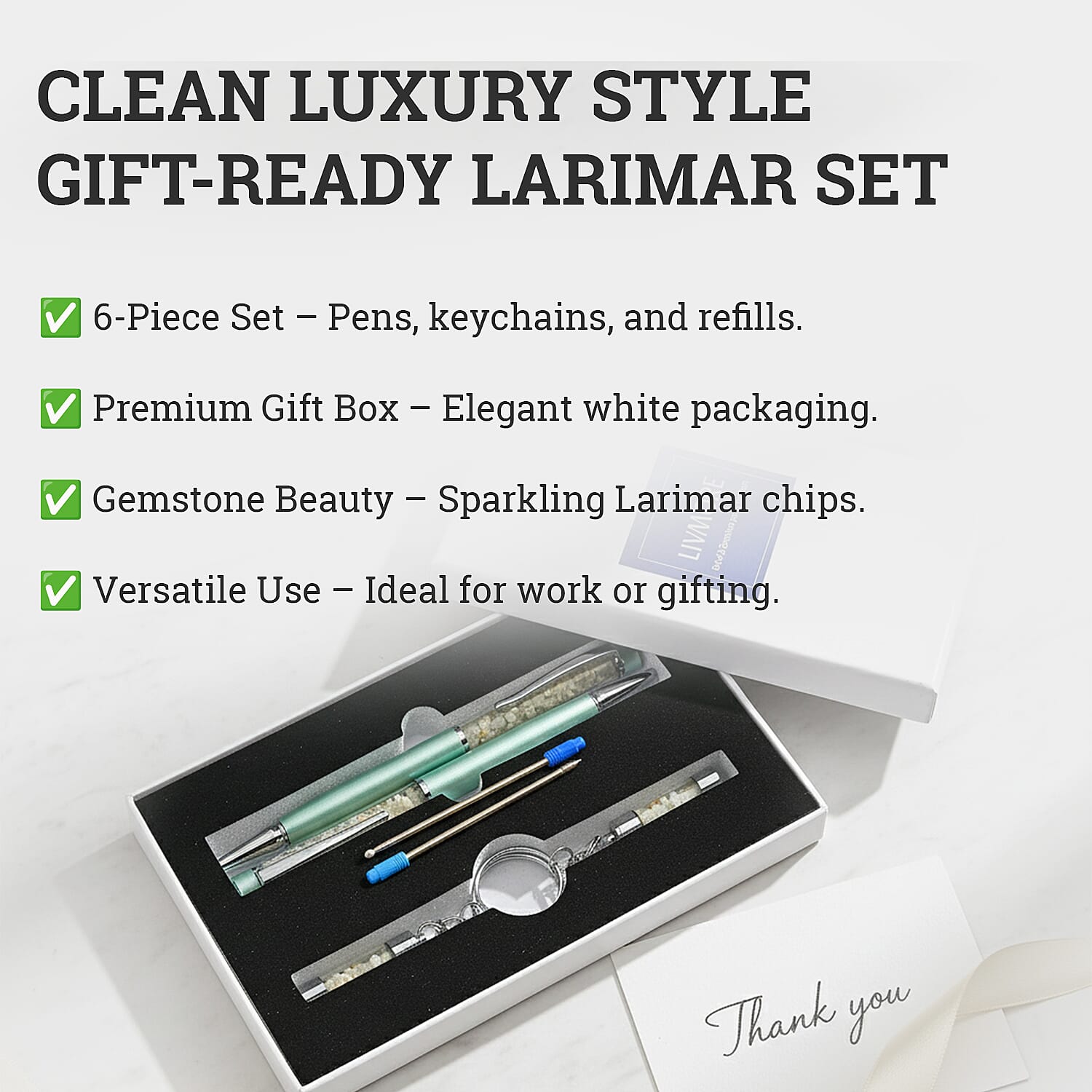 LIVMORE Larimar Gemstone Pen Set with 2 Keychains & 2 Refills  - Blue