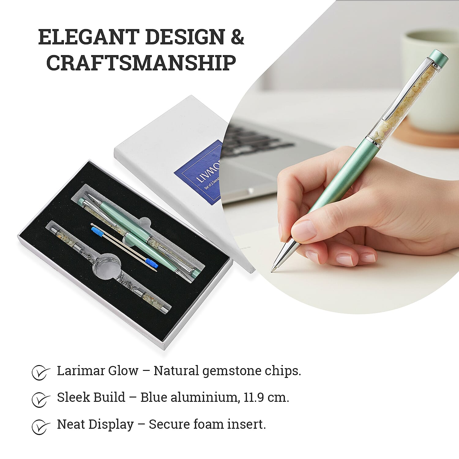 LIVMORE Larimar Gemstone Pen Set with 2 Keychains & 2 Refills  - Blue