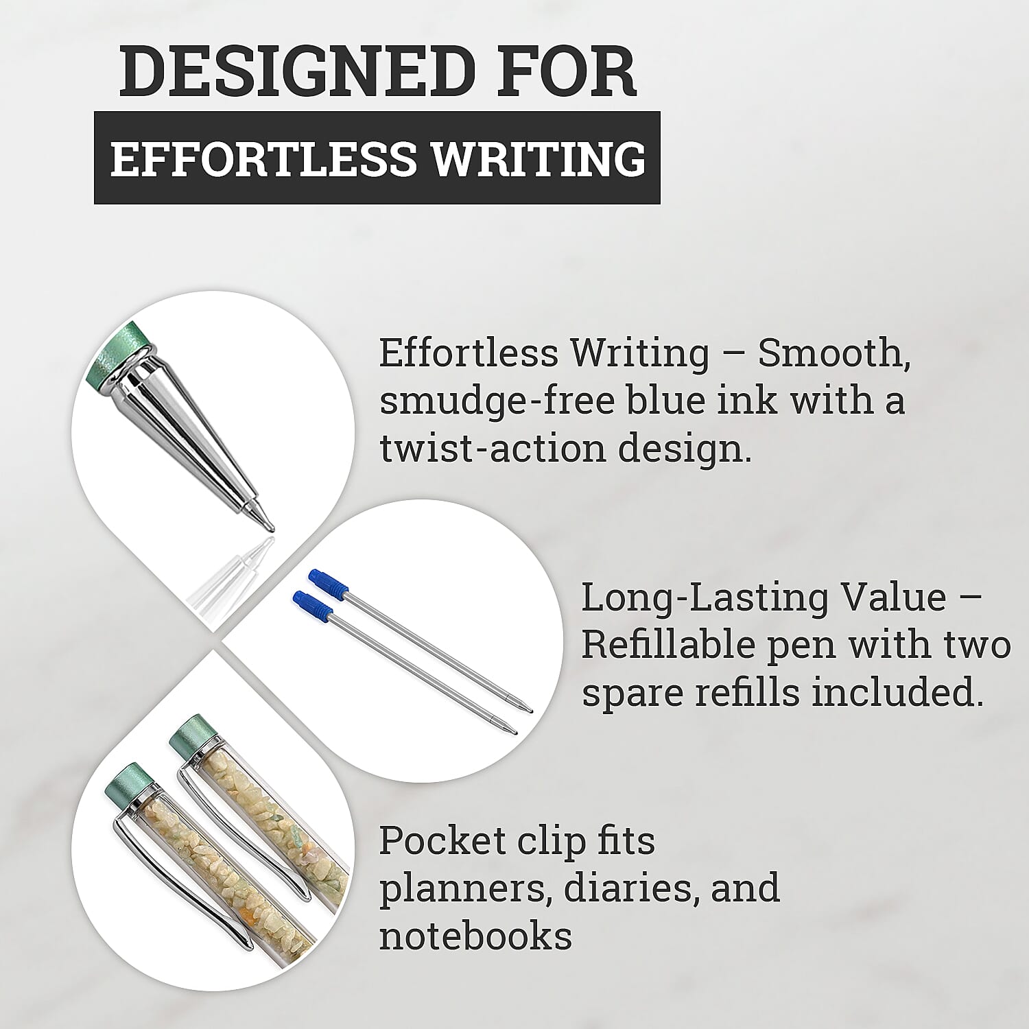 LIVMORE Larimar Gemstone Pen Set with 2 Keychains & 2 Refills  - Blue