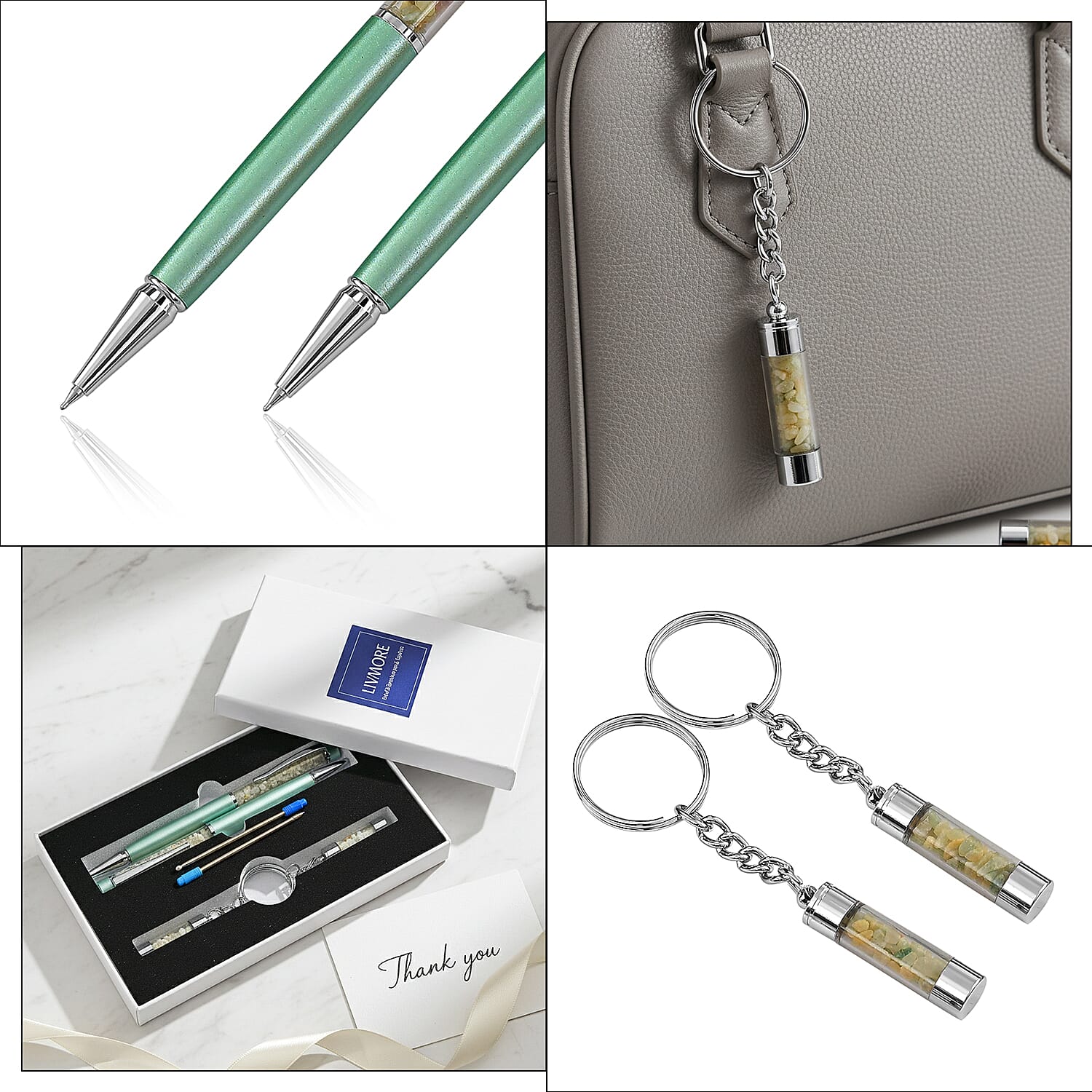 LIVMORE Larimar Gemstone Pen Set with 2 Keychains & 2 Refills  - Blue