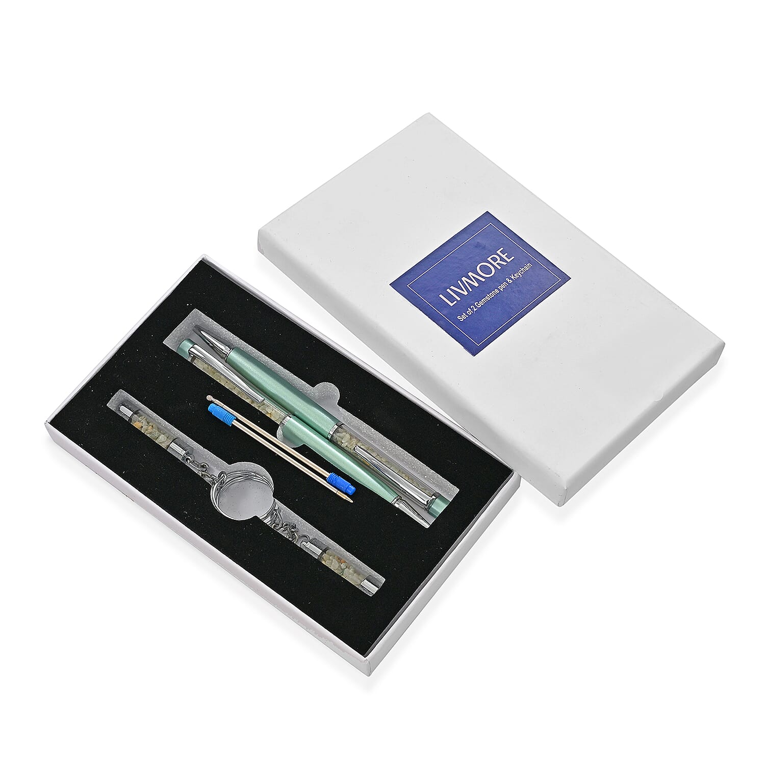 LIVMORE Larimar Gemstone Pen Set with 2 Keychains & 2 Refills  - Blue