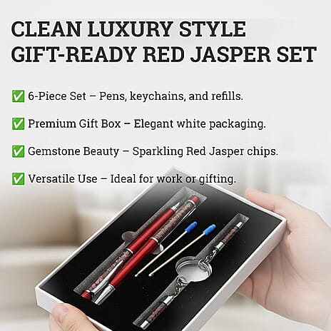 LIVMORE Luxury Set of 2 Red Jasper Filled Pens With Refills and 2 Amethyst Filled Key Chains- Charms