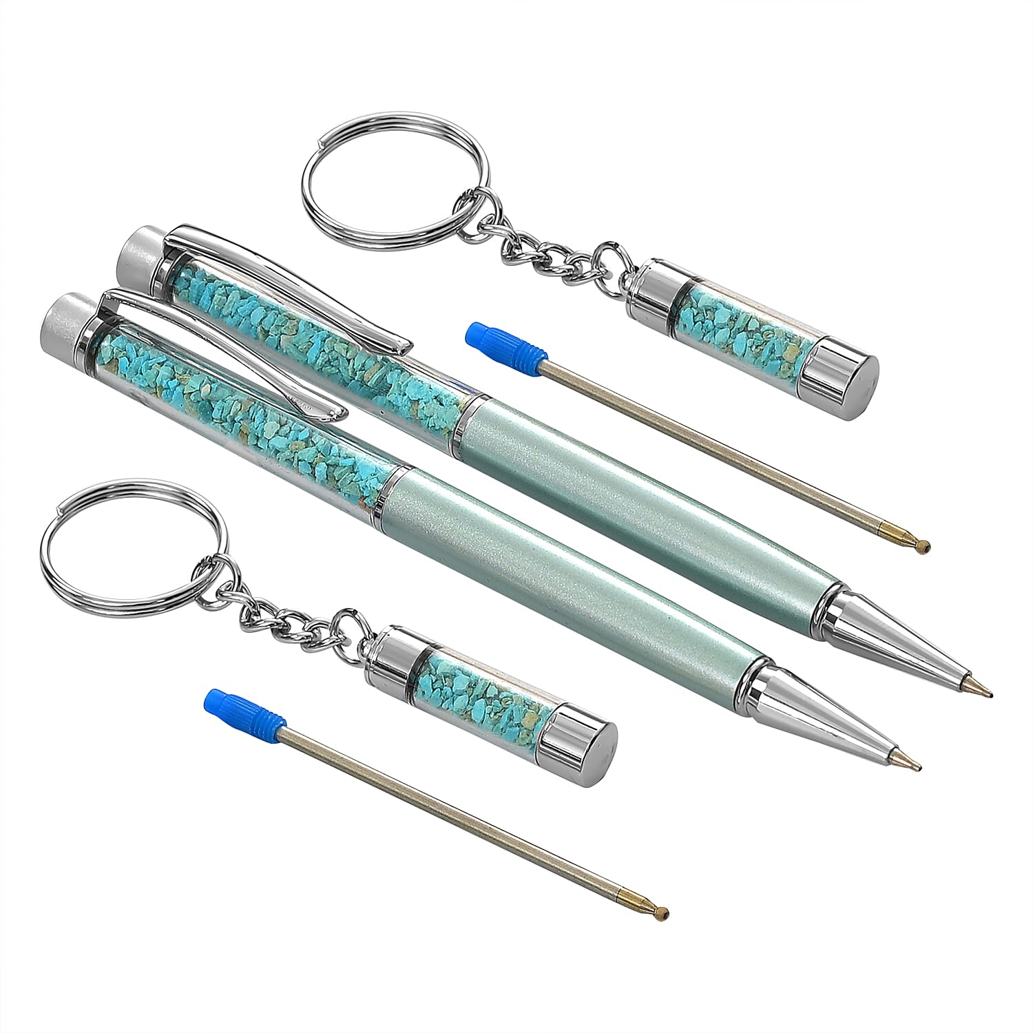 LIVMORE Turquoise Gemstone Pen Set with 2 Keychains & 2 Refills - Green
